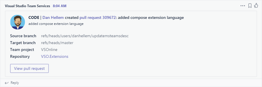 Visual Studio Team Services Code Pushed to Git alert